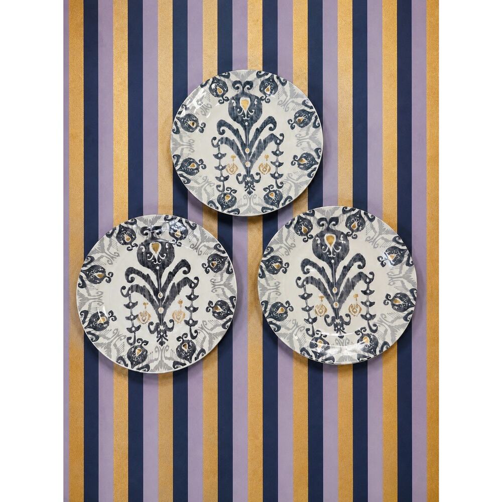 3 Anthropologie 10.5” Dinner Plate Tanja Ikat Geometric With Metallic Gold